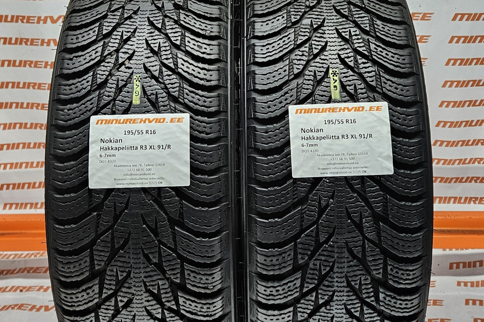 Used studless winter tire 195/55R16 Nokian Hakkapeliitta R3 XL 91/R.