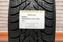 Used studless winter tire 205/55R16 Nokian Hakkapeliitta R3 XL 94/R.